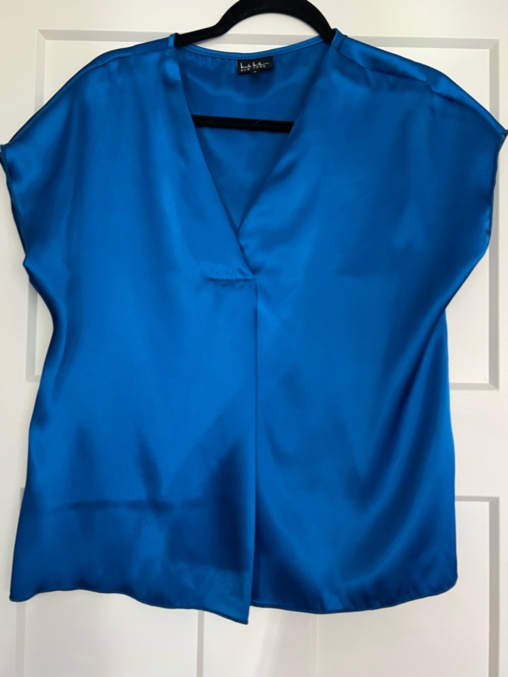 Nicole Miller Electric Blue Satin V-Neck Blouse